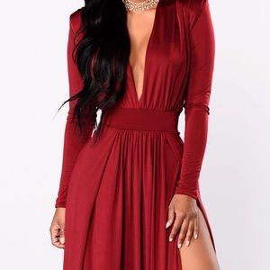 Brand New - Red, long sleeve maxi dress with 2 high front slits